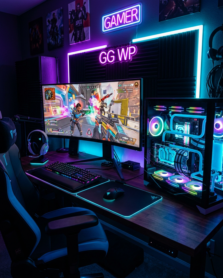 Modern pro gaming setup with RGB liquid cooling and ultrawide monitor
